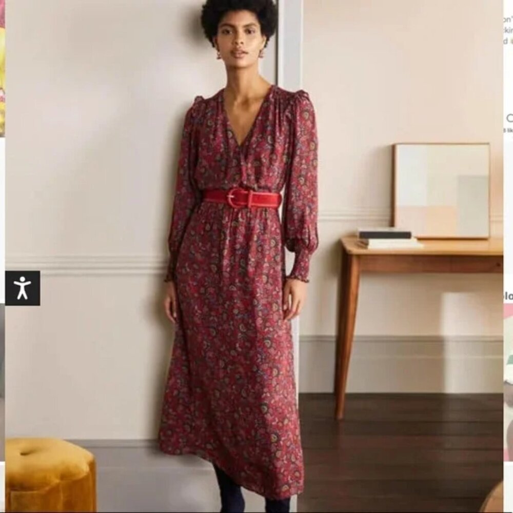 Boden Burgundy Paisley Maxi Dress with Red Belt